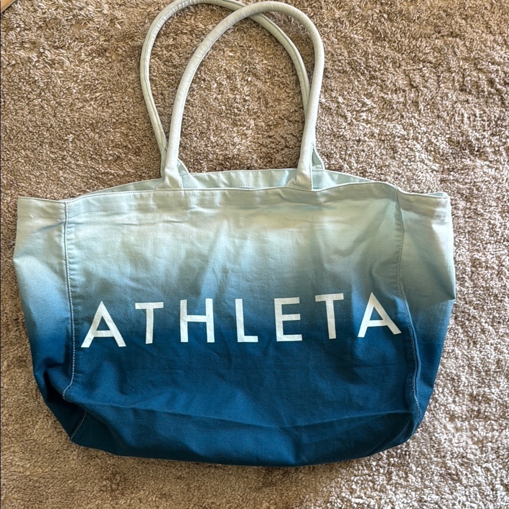 🍍 Athleta Beach Bag Gym Bag Tote Bag Blue Ombre White Canvas Shopping Bag🍍